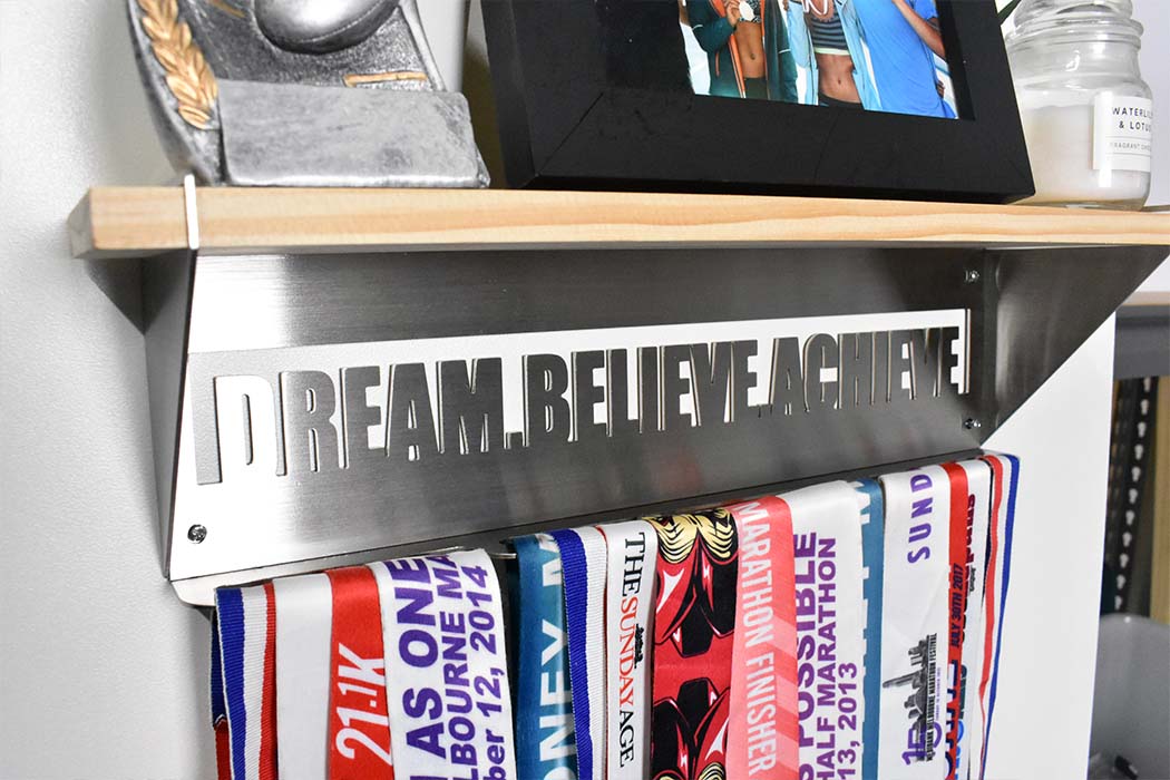 Wood Trophy Shelf with Medal Display Hanger - Dream Believe Achieve™