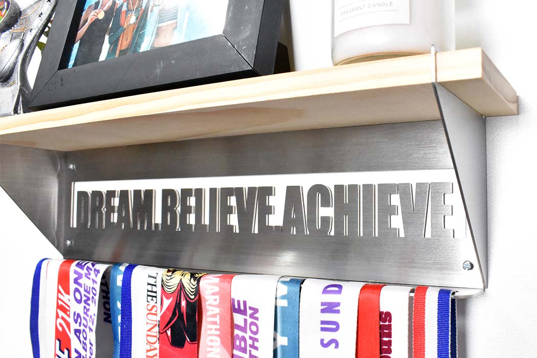 Wood Trophy Shelf with Medal Display Hanger - Dream Believe Achieve™