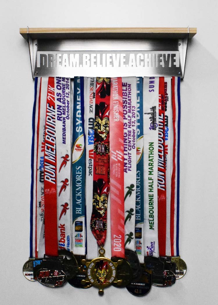 Wood Trophy Shelf with Medal Display Hanger - Dream Believe Achieve™