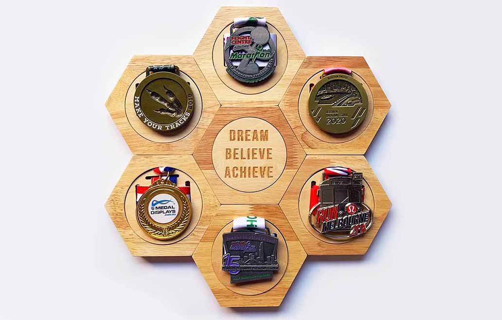 Wooden Hex Medal Display Word Tile™ - Dream Believe Achieve