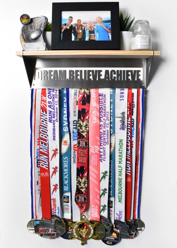 Wood Trophy Shelf with Medal Display Hanger - Dream Believe Achieve™