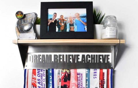 Wood Trophy Shelf with Medal Display Hanger - Dream Believe Achieve™